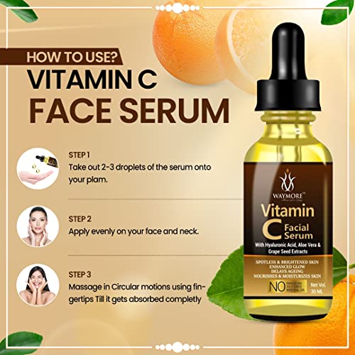 Image of WAYMORE 15% Vitamin C Face Serum for Glowing Skin | Purest Vitamin C (L-Ascorbic Acid) with Vitamin E | Moisturizing Serum for Sensitive Skin | All Skin Types | Face Serum for Men & Women | 30 ml