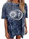 Remidoo Women's Casual Crewneck Short Sleeve Sun and Moon Print Tie Dye Oversized Graphic Top T-Shirt Blue XX-Large