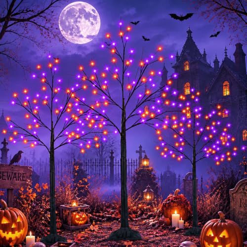 Black Halloween Tree with Purple and Orange Lights, 3Pack 4/5/6FT 300LED | Bright Light Up Spooky Tree, Timer, DIY Branches, Waterproof Halloween Outdoor Decorations for Home Indoor Party Garden Decor - image 1