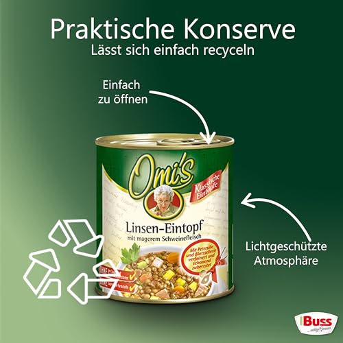 Buss Omi’s klassischer Linseneintopf - Würzig leckerer Suppentopf mit Linsen und magerem Schweinefleisch - Schnelle Fertiggerichte zum Aufwärmen in Mikrowelle & Topf - 6 x 800g (Packung mit 2)
