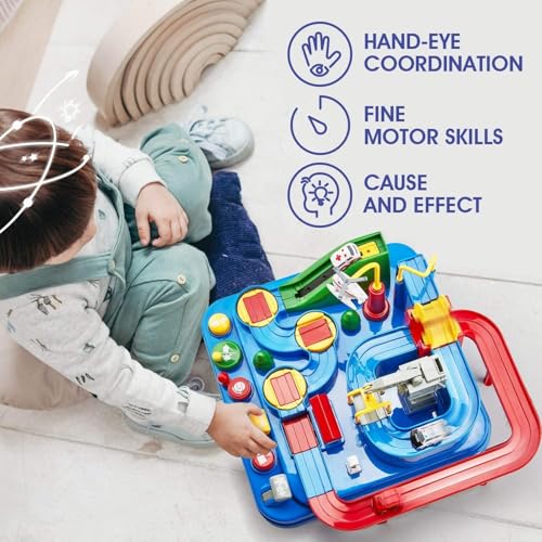 Image of Cable World Montessori Car Adventure Track Toy for Kids with 4 Mini Cars & 6 Control Buttons | Interactive Vehicle Track Set with Helicopter, Bridge & Parking Challenges |Fine Motor Skill Toy for Kids