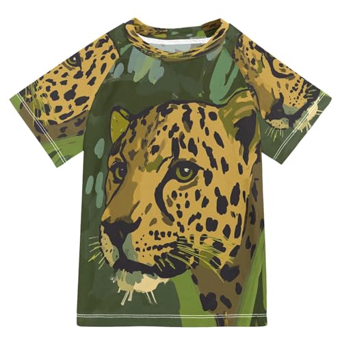 Boys Short Sleeve T-Shirts Camo Leopard Green Rashguard Kids Swim Shirts Sun UPF 50+