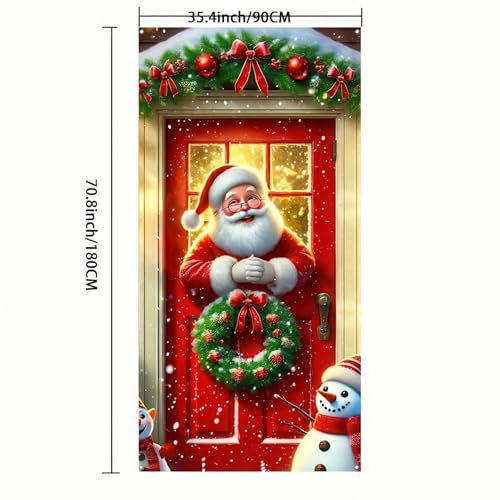 Image of BlissYard Christmas Door Cover Santa Pine Greenery 35x71 Inch Polyester