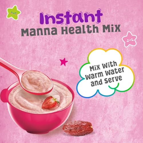 Image of Manna Health Mix Instant Multigrain Cereal, Strawberry, Banana, Dates, with Milk. Made with Real Fruits and 7 Supergrains and Millets. No Added Sugar, No Artificial Colour, Flavours 200g
