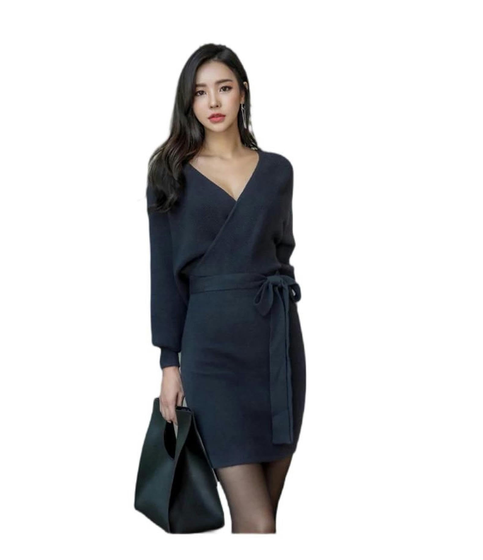 Robe de printemps pour femmes robe courte tricot col en v manches longues ceinture noir