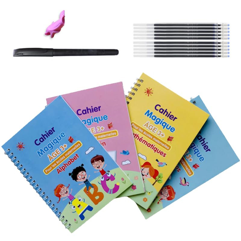 French Magic Übungsheft 4 Pieces Übungsbuch mit Kalligraphiestiften Französisches Gerilltes Magisches Lernhefte Schreibpilot Wiederverwendbares Handschrift Arbeitsbuch (Mit 10 Nachfüllungen)