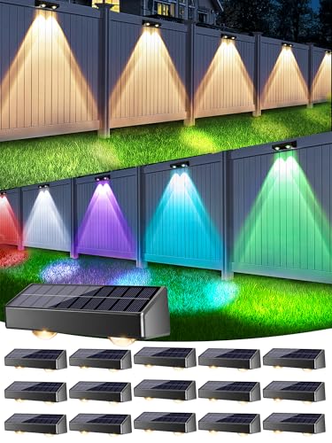 Image of Brizled 16 Pack Fence Solar Lights, 11 Modes & 9 Colors - Warm White /Cool White /RGB Color Changing IP65 Waterproof Outdoor Wall Lights, 100 Lumens Outdoor Solar Deck Lighting for Railing Wall Fence