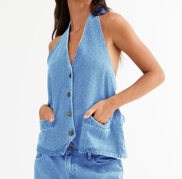 Adoeren Women Halter Denim Tank Vest Button Down V Neck Sleeveless Jean Crop Top Sexy Backless Vests Trendy Streetwear4