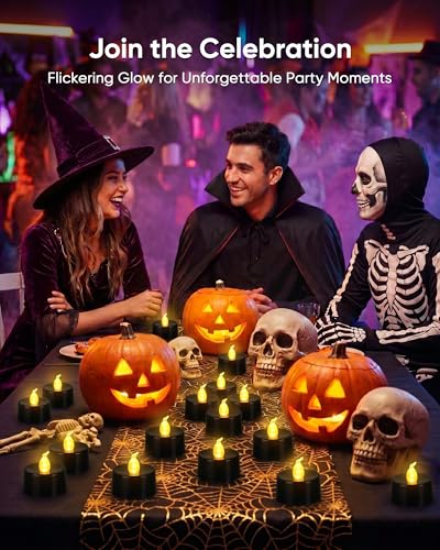 Image of Homemory Black Tea Lights Candles Battery Operated, Flickering Flameless LED Votive Candles, Warm White Tealights for Halloween, Gothic Decor, Black Gold Dinner, Outdoor Halloween, Witch, 24-Pack