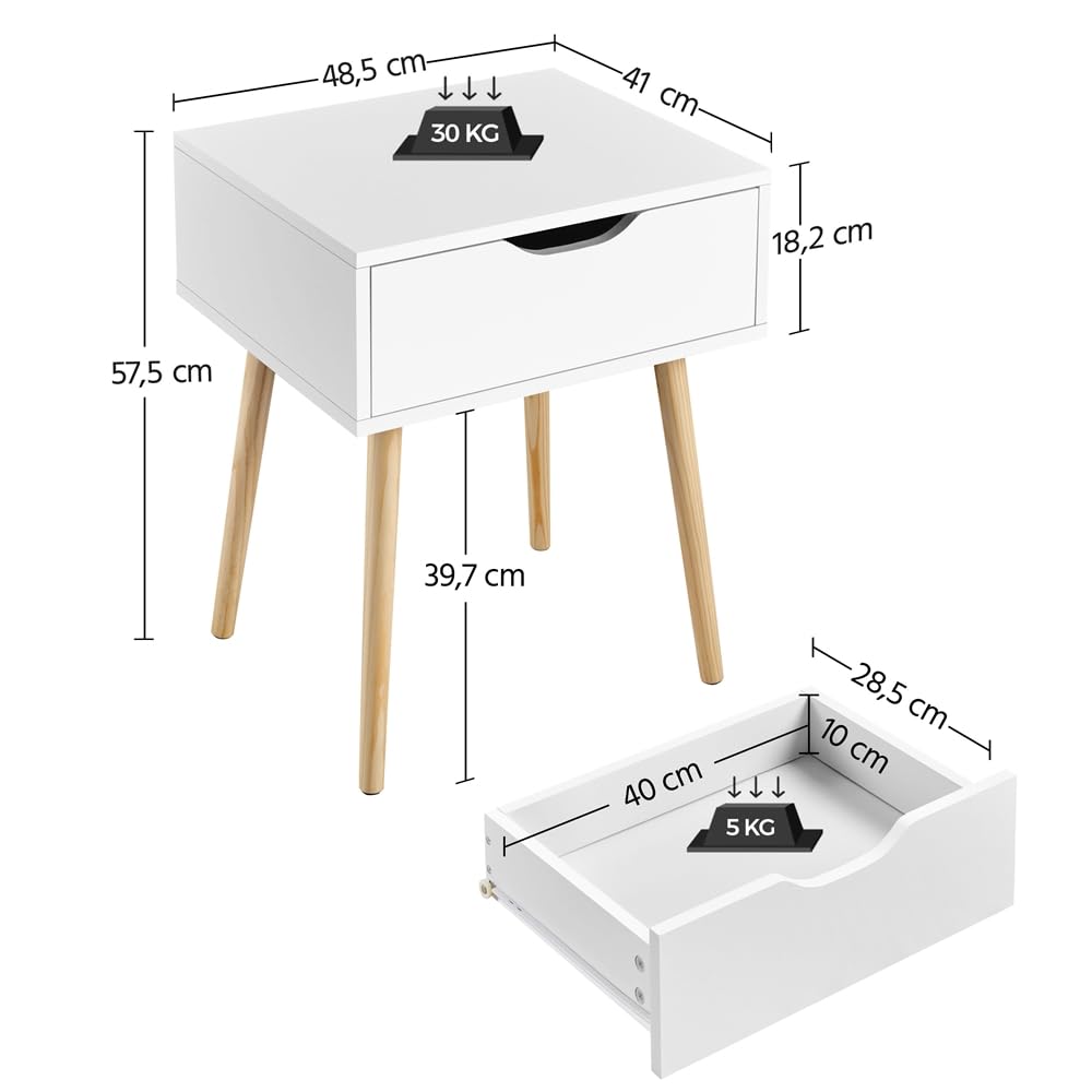 Yaheetech 2pcs Mesillas de Noche con 1 Cajón Mesitas de Noche | para Dormitorio Mesa Auxiliar de Madera para Sala de Estar Blanco 48,5×41×57,5 cm