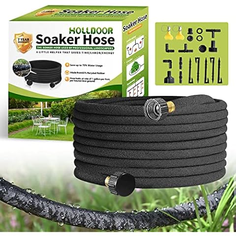 Holldoor Soaker Hose 50 Ft for Garden Beds with Soaker Hose Fittings, 1/2’’ Diameter Soaker Hose for Garden, 70% Water Saving Drip Hoses for Lawn, Landscaping, Garden(50 FT) Cover