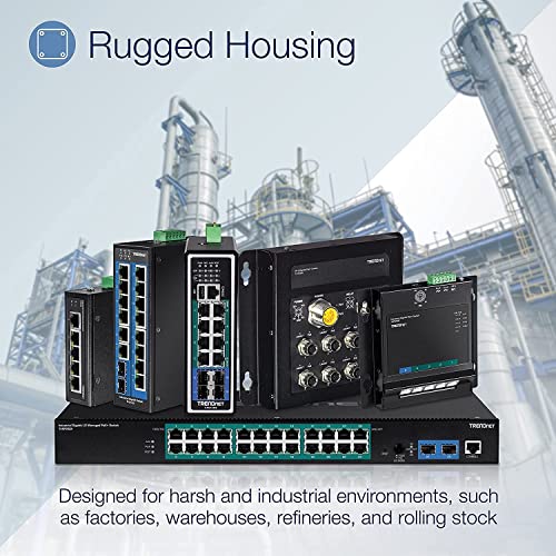 Image of TRENDnet 6-Port Hardened Industrial Gigabit Poe+ Layer 2 Managed DIN-Rail Switch, 4 x Gigabit PoE+ 802.3at Ports, 1 x Gigabit Port, 1 x Gigabit SFP Slot, 120W Power Budget, Black, TI-PG541i