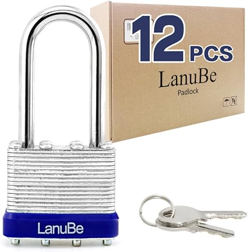 LanuBe Candado de acero laminado con llave, cerraduras iguales con llave, candado de grillete largo, paquete de 12