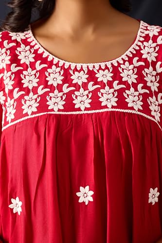Image of Sidhidata Rayon Floral Embroidered Short Kurti | Short Anarkali Kurti for Girls | Women's Casual Sleeveless Printed Top | Tops for Women (Kurti Myra)