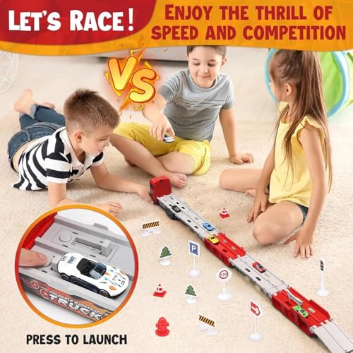 Image of Brand Conquer Big Hauler Storage & Transform Transport Truck Toy for Kids |3-in-1 Carrier Truck with 2 Foldable Ejection Race Tracks & 4 Die-Cast Cars |61 Inch Dual Racing Track | Educational (Red)