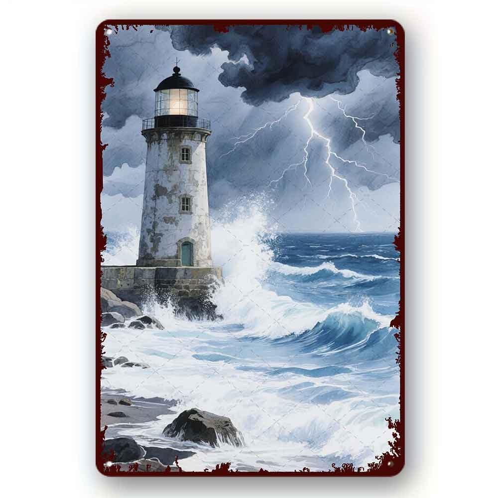 peiyeety Metal Tin Signs Vintage Funny Lighthouse in the storm Poster Wall Plaque Vintage Kitchen Farm Yard Garage Club Retro Signs Bathroom Warn Man Cave Bar Wall Decor 8x12 Inch