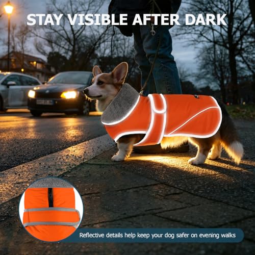 Image of Dogcheer Dog Coat, Waterproof Dog Jacket Reflective Pet Winter Coat with Adjustable Hook & Loop, Christmas Puppy Fleece Jacket Warm Turtleneck Snowsuit for Small Medium Large Dogs - Orange, M