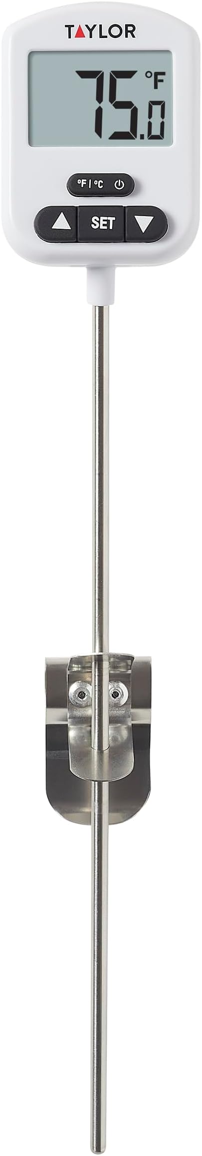 Programmable Digital Candy and Deep Fry Thermometer with Green Light Alert Display, Long Stem, and Adjustable Pan Clip, White