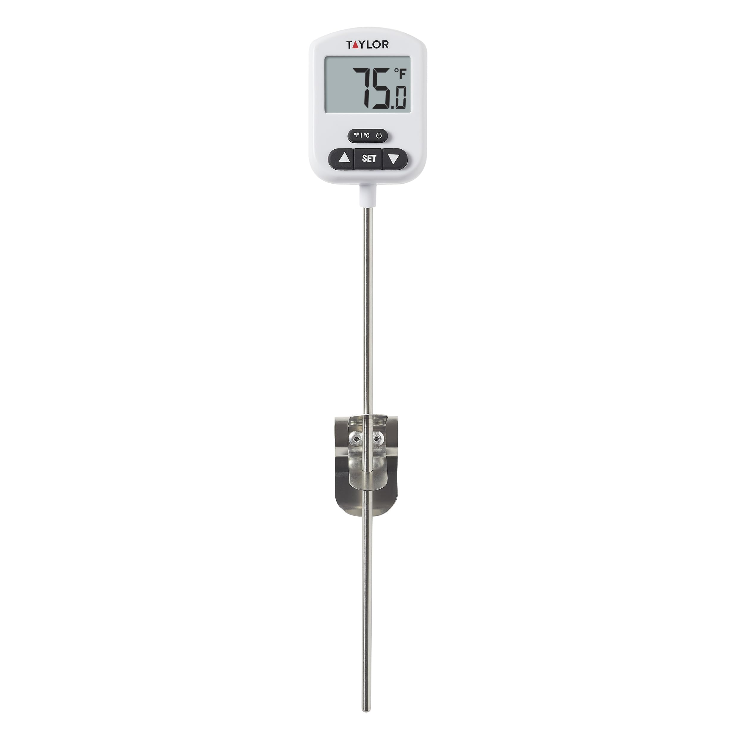 Taylor Programmable Digital Candy and Deep Fry Thermometer with Green Light Alert Display, Long Stem, and Adjustable Pan Clip, White