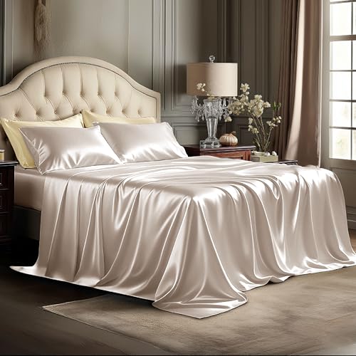 Image of Bedsure Beige Satin Sheets Queen Size, Soft Silky Bedsheet for Hair & Skin