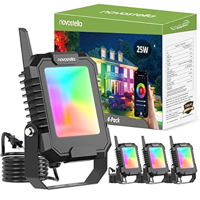 NOVOSTELLA Smart RGB LED Flood Light 25W Tunable White 2700K-6500K,Outdoor Uplights Floodlights Color Changing Spotlights APP Group Control IP66 Waterproof Strobe Lights for House Event Landscape 4Pcs