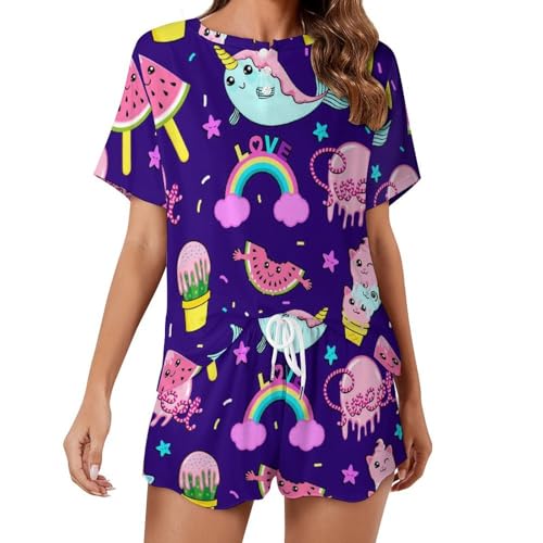 Ensemble pyjama femme léger manches courtes imprimé ludique licorne baleine vêtements de nuit