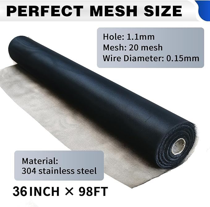 304 Stainless Steel Window Screen Mesh Roll – 36 Inch X 98 Feet, 20 Mesh Count For Doors, Porches, Patios, Pest Protection