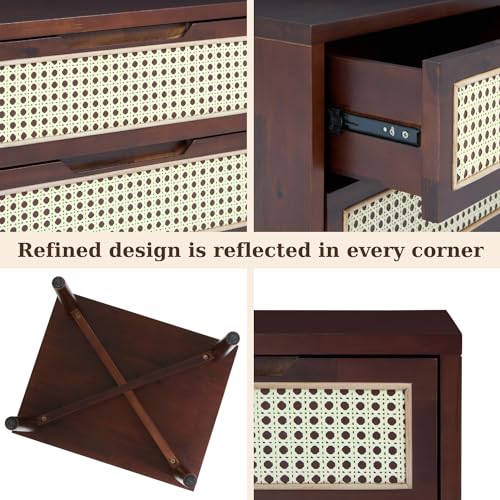 Image of Bme Oliver Solid Wood Rattan Nightstand, Bohemian & Mid Century, Walnut