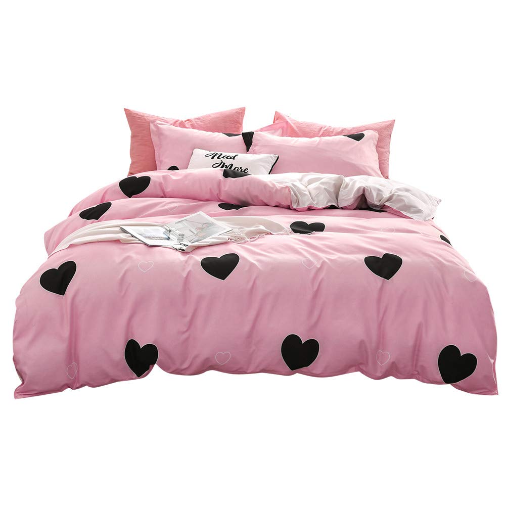 Meiju Pink Bedding Duvet Cover Set, 4Pcs Easy Care Flat Sheet Microfiber Anti-Allergic Soft & Smooth With Pillow Cases Duvet Cover Pillowcases (Single-135X200cm,)