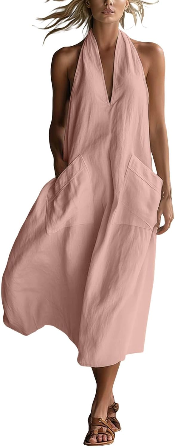 Linen Halter Neck Maxi Dress for Women Backless Boho Vacation Long Dress Elegant A Line Sundresses with Pockets