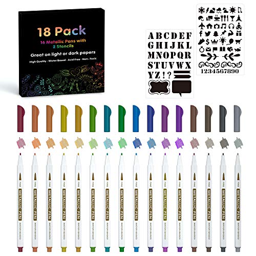 18 Pack Metallic Marker Pens, Lineon 16 Colors Fine Tip Paint Pens with 2 Stencils for DIY Craft Photo Album Rock Art Painting Card Making Glass Wood 1 Count (Pack of 18)