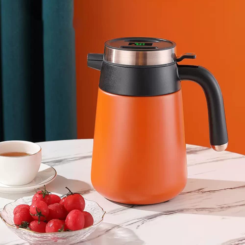 1.6 liter Isolierkanne Thermoskanne, 304 Edelstahl Isolierkanne Kaffeekanne mit LED Temperaturanzeige Thermoskanne, ideal als Kaffeekanne oder Teekanne, Thermokanne mit 48H Wärmespeicherung (Orange)