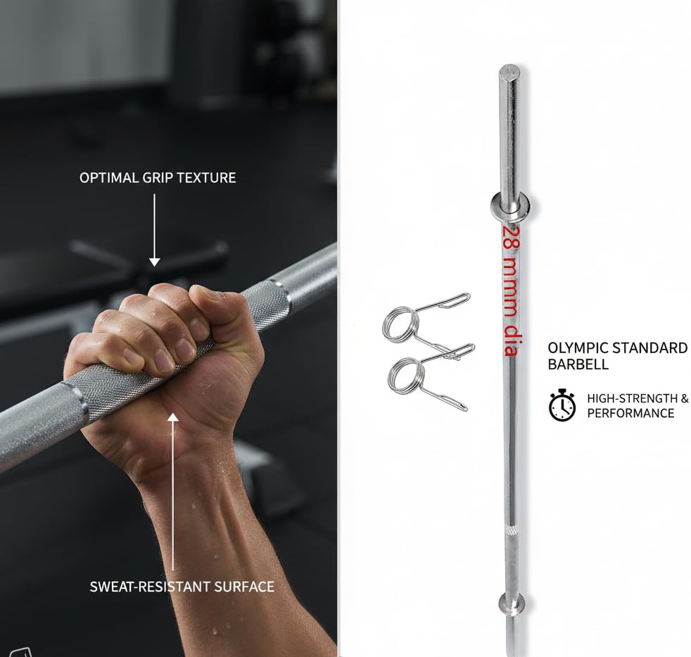 Image of Gyming World ( 5 feet ) Solid 28 mm Thickness Barbell | Standard Straight Weight Bar | with 2 spring Locks