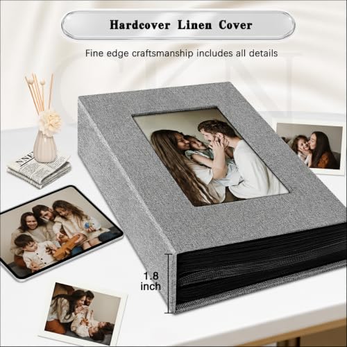 Image of GKN DIY Scrapbook Photo Album for 4x6 Photos | 100 Pockets, 50 Pages | Premium Linen Cover with Front Window | Gray Memory Book for Wedding, Anniversary, Family & Baby Photos