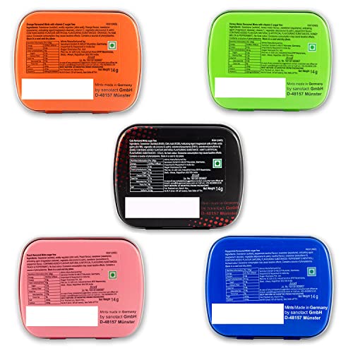 Image of IMPACTMINTS Sugar Free Mints, Pack of 5 Assorted Flavors (Orange, Honey Melon, Cola, Peach, Ice) 14g Each, For Pleasant And Everlasting Breath, Product of Germany, Pocket Friendly Mints
