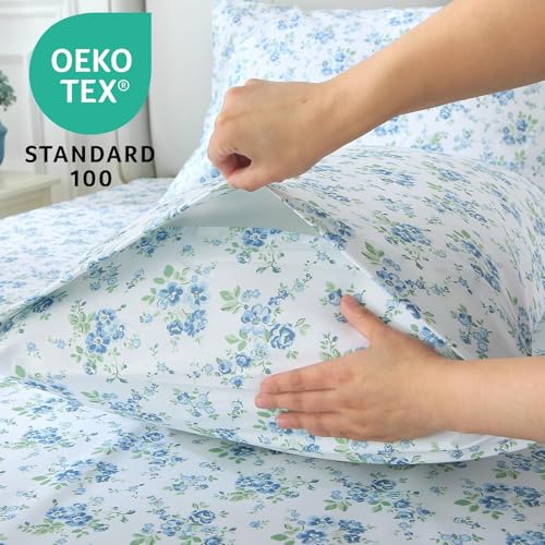 Image of MUXHOMO Queen Size 4 Piece Sheet Set, Soft Breathable Bed Sheet Set for Bedroom with Deep Pocket Up to 16 inch, Wrinkle-Free & Cooling Bedding for Oeko-TEX Certified - Blossoms Light Blue