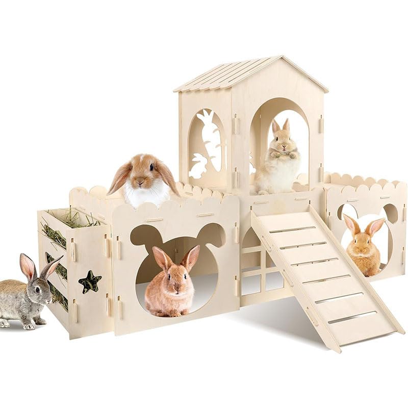 Gugxiom Extra Large Rabbit Castle, Bunny House Indoor, Detachable Rabbit Hideaway, Hay Rack & Multistory & Ventilated & Sturdy, for Guinea Pig Chinchilla Ferret Rabbit
