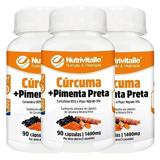 3 Curcuma +Pimenta Preta Curcumina 95% +Pipper Nigrun 5% 1400mg Nutrivitalle 90 Cápsulas