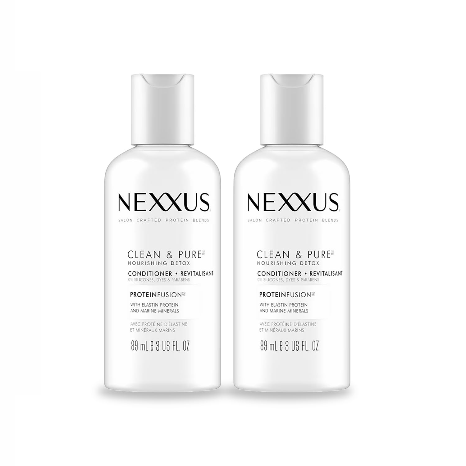 NexxusClean & Pure Conditioner, 2 Pack (6 fl Oz Total), 89 mL each, Protein Fusion with Elastin Protein and Matine Minerals, Revitalizing, Travel Size, Silicone-free, contains protein