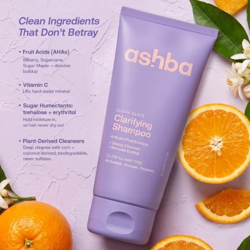 Image of Ashba Botanics Clarifying Shampoo for Curly, Wavy, Frizzy & Dry Hair | Sulfate-Free Deep Cleansing Shampoo | Removes Product Buildup & Hard Water Minerals | With Vitamin C, AHA Fruit Acids & Trehalose | 200ml