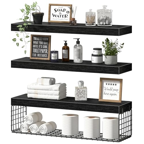 QEEIG Bathroom Shelves 24 inches Long - Floating Shelf for Wall Over Toilet Paper Storage Basket Farmhouse Set of 3 Black (019-60B3)