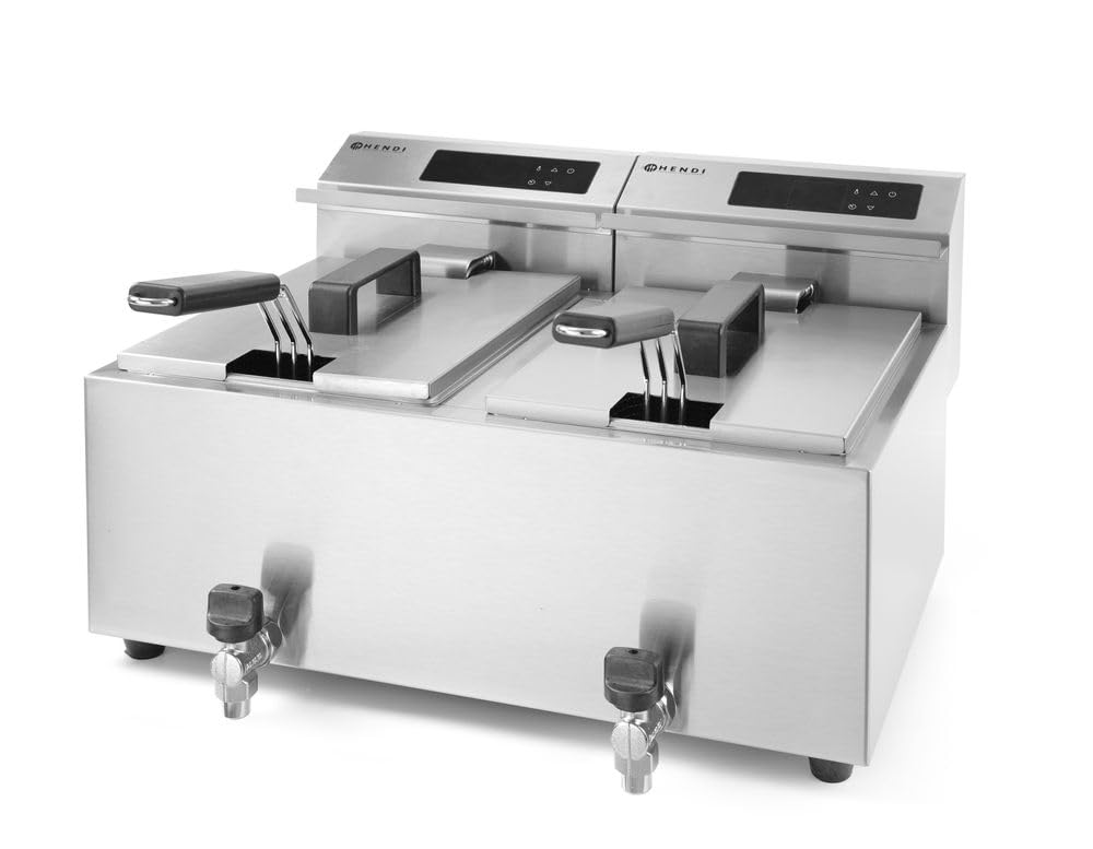 HENDI Freidora eléctrica digital, ajustable de 25°C a 195°C, termostato de seguridad, zona fría, con tapa y cesta de freír, grifo de drenaje, 2x8L, 230V, 3500W, 605x515x(H)345mm,acero inoxidable 18/0