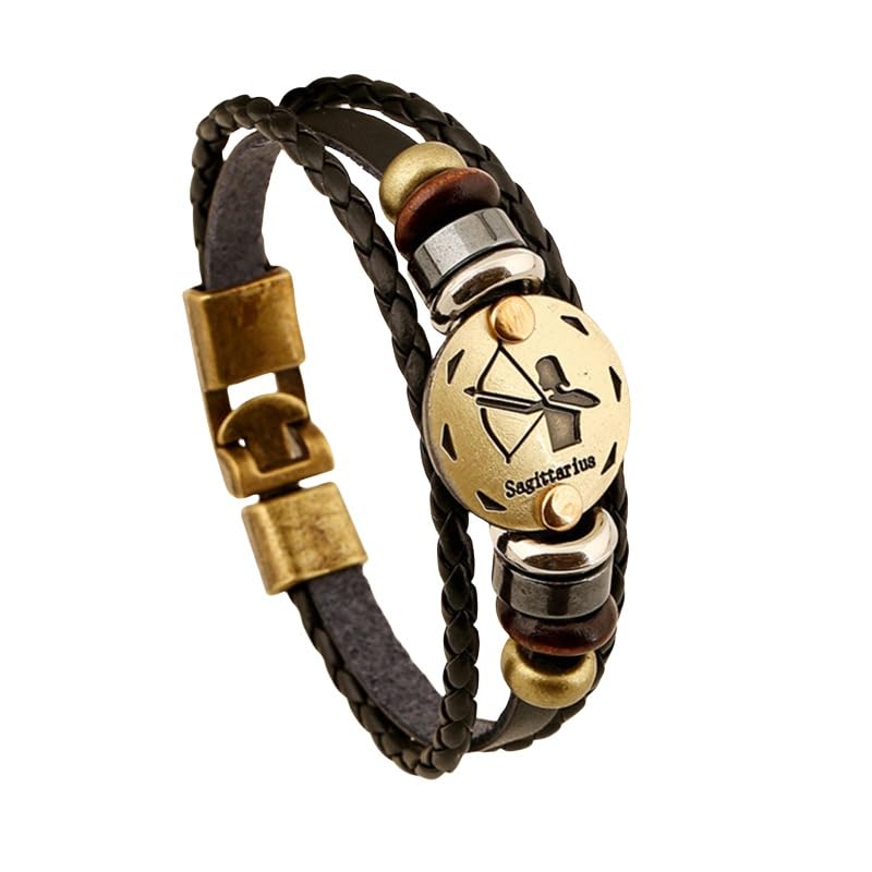Bracelet Femme Sagittaire Cuir De Vache Tissé Multi-Couches Bracelet Homme Signes Du Zodiaque Décontracté Vintage Convient à Toutes Les Correspondances
