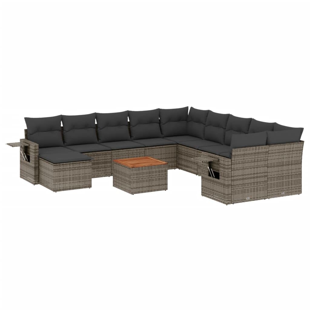 Set di 12 mobili da giardino in polyrattan, grigio, 62 x 62 x 69 cm, divano angolare con tavolo in legno di acacia, set modulare per esterni, per balcone, terrazza, giardino