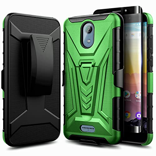 Nznd Case For At&T Calypso (U318Aa)/Cricket Vision 3 With Tempered Glass Screen Protector, Belt Clip Holster Kickstand Heavy Duty Armor Defender Shockproof Rugged Phone Case (Green) #TOP11