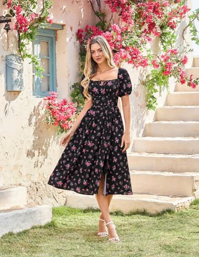 Image of Scarlet Darkness Women's Floral Corset Dress with Split 2026 Summer Spring Square Neck Midi Milkmaid Dresses