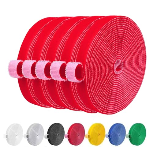 Image of IFNOW 32FT Reusable Fastening Tape Cable Ties Double-Sided Hook-and-Loop Cable Management Tape Strength and Durability 0.4'' /Width (5, Red)