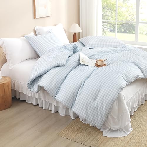 Image of Andency Light Blue Gingham Comforter Set Queen(90x90Inch), Checkered Grid Plaid Buffalo Bed Set for Girls Boys Kids Teens, 3 Pieces Lightweight Polyester Geometric Preppy Bedding