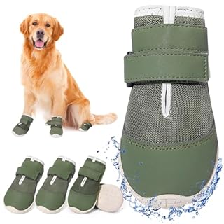 DcOaGt Dog Shoes for Large Dogs, Mesh Breathable Dog Boots & Paw Protectors for Hot Pavement Summer Winter Snow, 360° Anti-Slip Dog Booties for Hiking/Walking,Military Green 4PCS(Size 8)