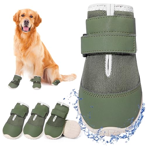 DcOaGt Dog Shoes for Large Dogs, Mesh Breathable Dog Boots & Paw Protectors for Hot Pavement Summer Winter Snow, 360° Anti-Slip Dog Booties for Hiking/Walking,Military Green 4PCS(Size 6)
